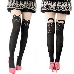 Cute and Sexy Knee High Socks Pantyhose Stockings Tattoo Tights (Black Cat)