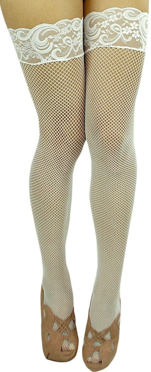 DarlingLove Women's Lace Top Silicone White Fishnet Thigh Hi Stockings Pantyhose