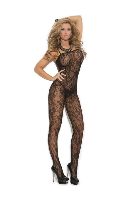 Elegant Moments Women's Rose Lace Bodystocking with Open Crotch