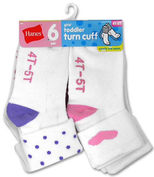 Hanes Toddler Girls Non-Skid Turncuff Socks # 36/6