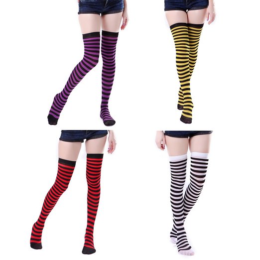 HDE Women's 4-Pack of Opaque Solids and Stripes Sexy Thigh High Stocking Socks