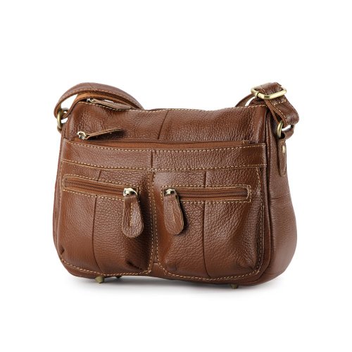 Heshe New Genuine Leather Vintage Casual Double Use Multi Zipper Pocket Crossbody Shoulder Bag Satchel Purse Handbag for Women