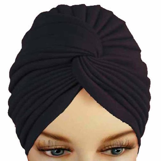Luxury Divas Black Pleated Turban Hat Head Cover Sun Cap