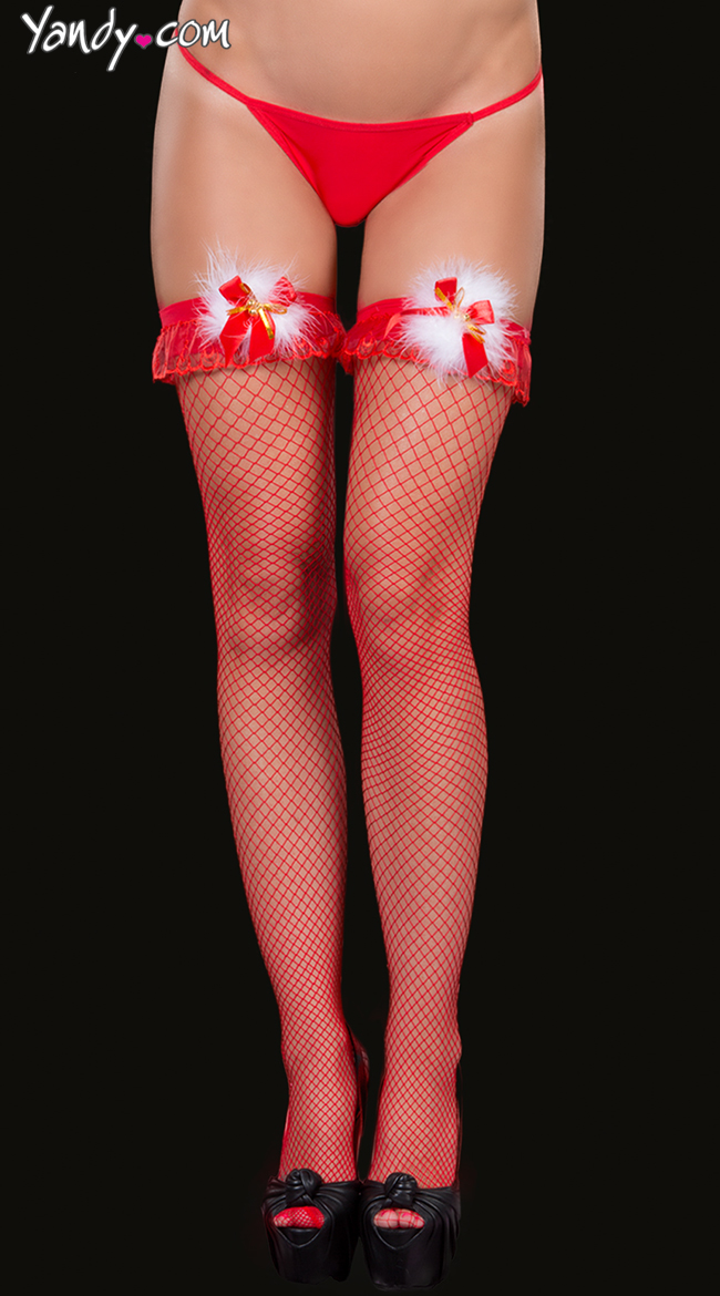 Red Fishnet Stockings with Marabou Bow Topper