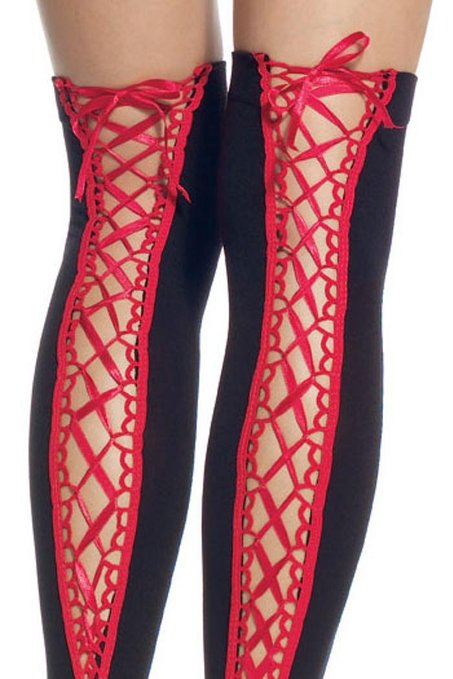 Sexy Opaque Thigh High Stockings with Satin Lace-up Back. Black/Red. O/S. LA-6289