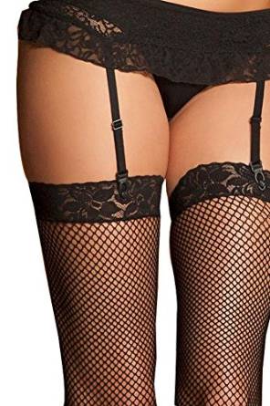 Sexy Womens Black Lace Apron Garter Belt Fishnet Stockings Panty Set
