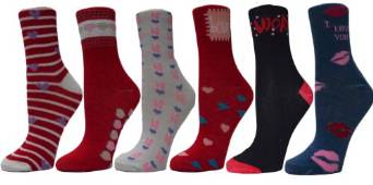 Valentine's Day Soft Crew Socks with Love Prints, 6 Pairs, Women's Size 9-11