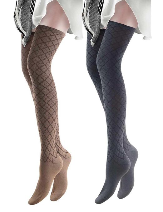 Vero Monte 2-Pack Women's Knitted Argyle Opaque Thigh High Socks for Spring