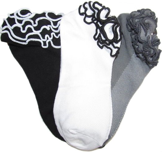 Womens Ruffled Ankle Socks 3 Pair Black, White, Grey