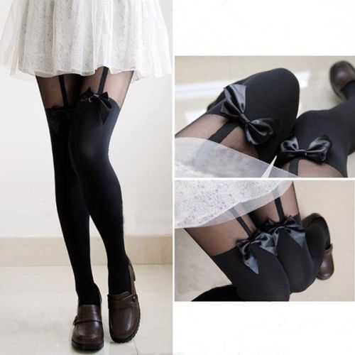 Fashion Vintage Tights Pantyhose Tattoo Mock Bow Suspender Sheer Stockings