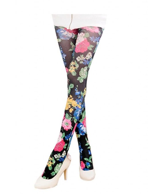 SACAS Sexy Pink Blue Yellow Wild Flora Print Black Opaque Tights XS ~ M